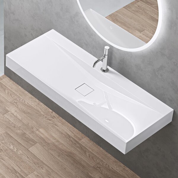 Doporro Lavabo da Appoggio o Sospeso Rettangolare 120 cm in Marmoresina Bianco Lucido, Lavandino Bagno con Foro per Rubinetto Colossum810