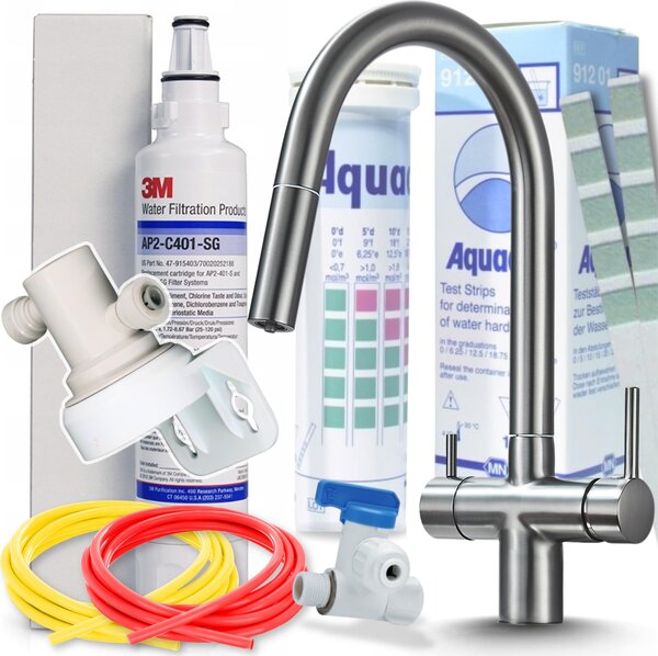 Miscelatore da cucina SLENDER a 3 vie con filtro per l'acqua 3M, estraibile, orientabile a 360°, in ottone, miscelatore da lavello per acqua potabile filtrata, incluse 2 strisce reattive
