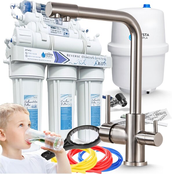 Rubinetto da cucina Ari Venom a 3 vie con filtro acqua integrato, miscelatore inox satinato girevole, collegamento per osmosi