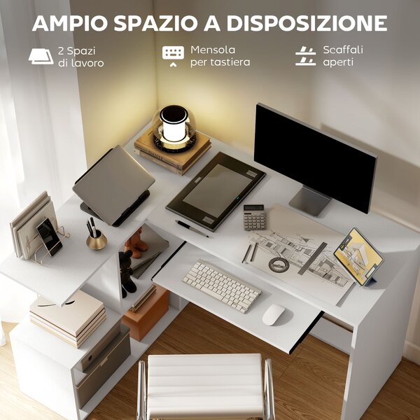 HOMCOM Scrivania Angolare Moderna con Ripiano Scorrevole per Tastiera e Scaffale a 4 Ripiani, Bianco | Aosom Italy