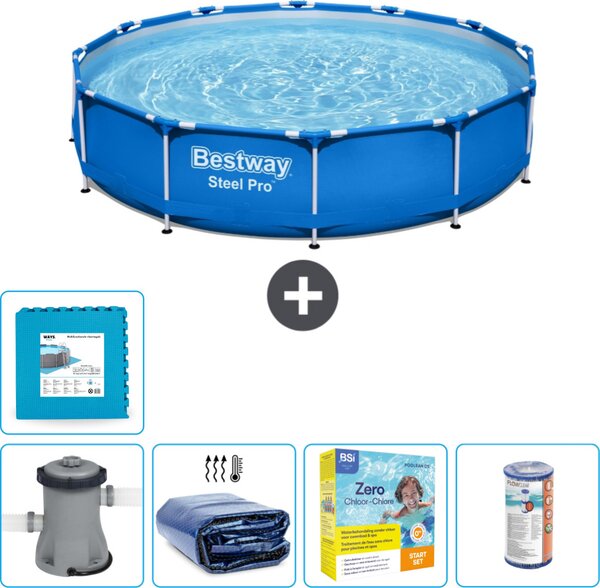 Piscina Bestway Round Steel Pro - 366 x 76 cm - blu - pompa inclusa - tenda da sole - pacchetto manutenzione - filtro - pavimento in piastrelle