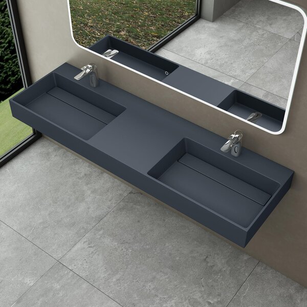 Doporro Lavabo doppio Sospeso Lavabo da Appoggio Rettangolare in Marmo Resina Antracite Opaco, Vasca Doppia 160x48x13 cm con 2 Fori Rubinetto e Piletta Scarico, Colossum12