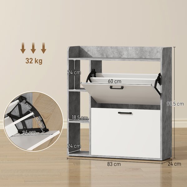 HOMCOM Scarpiera Slim con 2 Cassetti Ribaltabili e 3 Vani Aperti, Capacità 15 Scarpe, 83x24x90.5 cm, Grigio | Aosom Italy