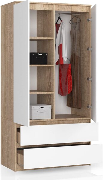 BDW, armadio 2 ante, 2 cassetti, 180x90x51 cm, rovere Sonoma / bianco