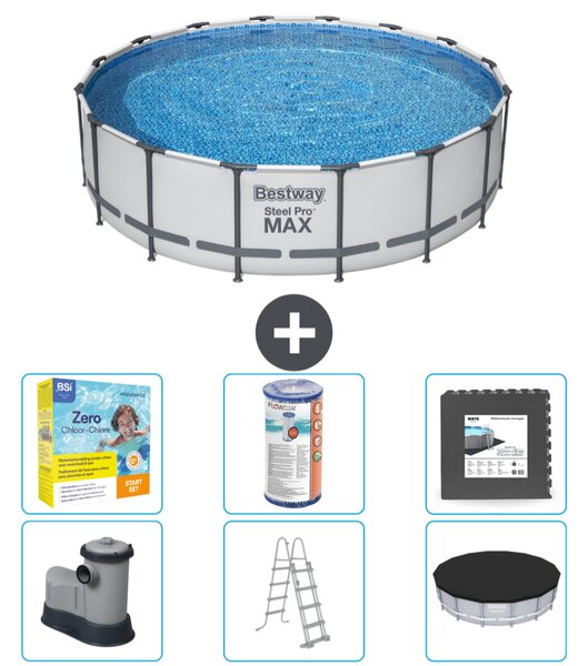 Piscina Bestway Round Steel Pro MAX - 488 x 122 cm - grigio - inclusa pompa - scala - pacchetto manutenzione copertura - filtro - piastrelle per il pavimento
