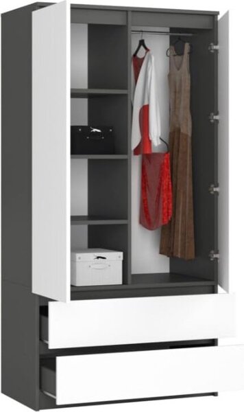 BDW, armadio 2 ante, 2 cassetti, 180x90x51 cm, grigio / bianco