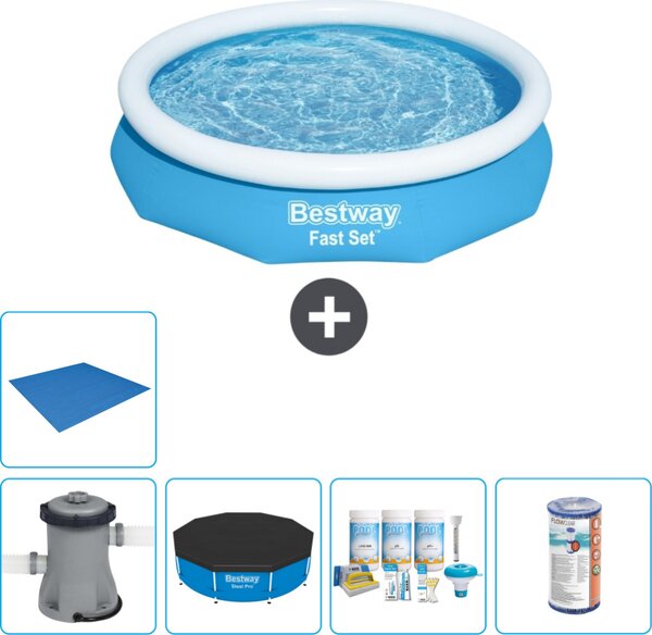 Piscina gonfiabile rotonda Bestway ad ambientazione rapida - 305 x 66 cm - blu - inclusa copertura della pompa - pacchetto manutenzione - filtro - telo di protezione