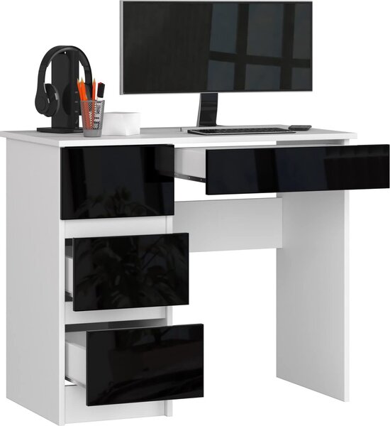 BDW Scrivania per ufficio con 4 cassetti, scrivania per videogiochi, bianco/nero sinistro lucido