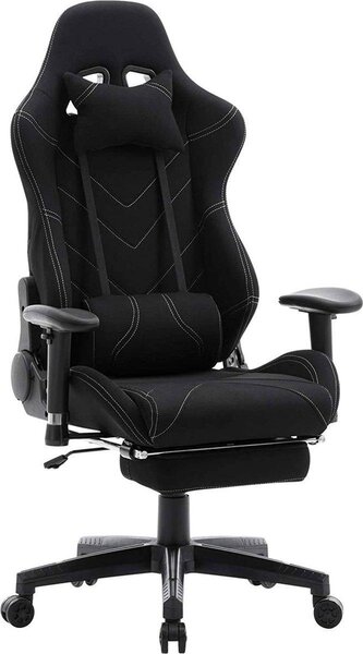 Sedia da gaming – Nera – Ergonomica – Regolabile in altezza – Con poggiapiedi – Rivestimento in tessuto – Gaming e ufficio
