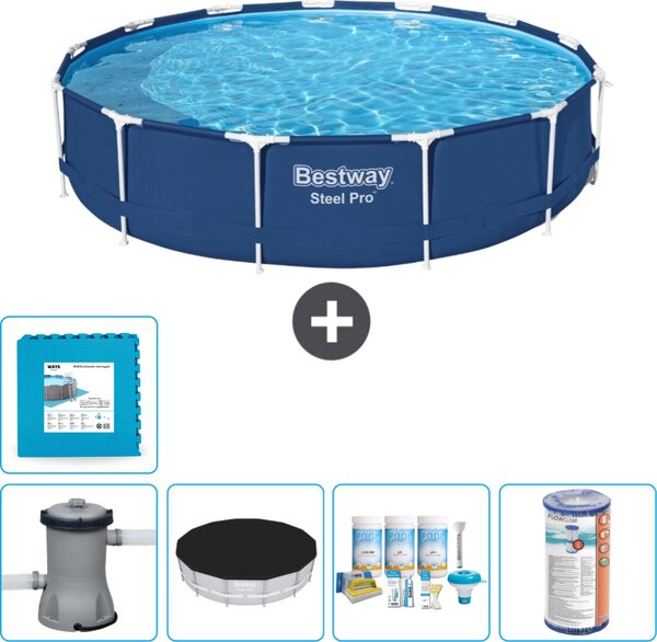 Piscina Bestway Round Steel Pro - 396 x 84 cm - blu - inclusa copertura per la pompa - pacchetto manutenzione - filtro - piastrelle per il pavimento