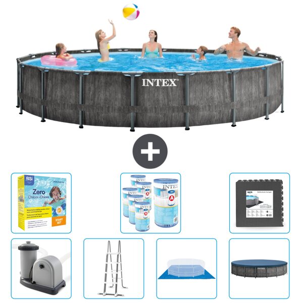Piscina Intex Round Prism Frame Greywood - 549 x 122 cm - inclusa pompa - scaletta - telo di fondo - pacchetto manutenzione copertura - filtro - piastrelle per il pavimento