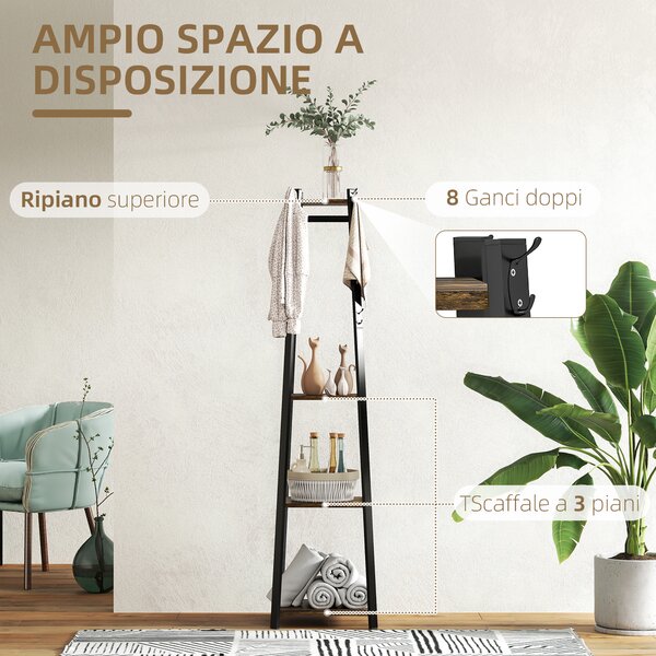HOMCOM Appendiabiti da Terra con 8 Ganci, 3 Ripiani e Mensola Superiore, 34x34x170 cm, Marrone