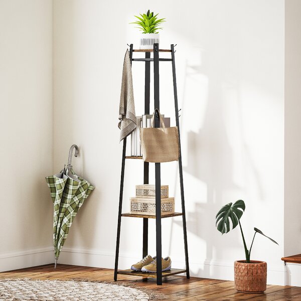 HOMCOM Appendiabiti da Terra con 8 Ganci, 3 Ripiani e Mensola Superiore, 34x34x170 cm, Marrone