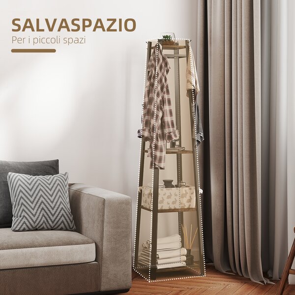 HOMCOM Appendiabiti da Terra con 8 Ganci, 3 Ripiani e Mensola Superiore, 34x34x170 cm, Marrone
