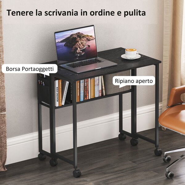 HOMCOM Scrivania Pieghevole Salvaspazio a Ribalta con Scaffale, Tasca Portaoggetti e Ruote, Nero