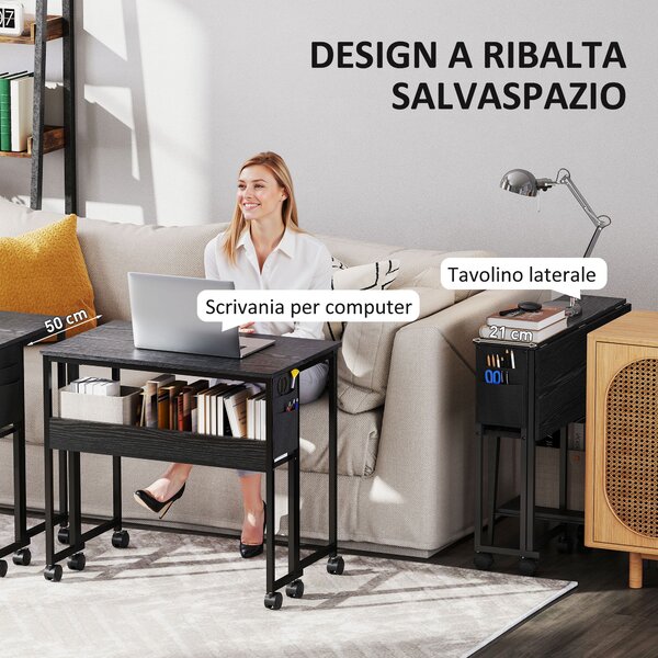 HOMCOM Scrivania Pieghevole Salvaspazio a Ribalta con Scaffale, Tasca Portaoggetti e Ruote, Nero