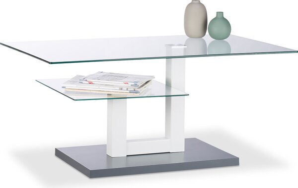 Tavolino Relaxdays in vetro, rettangolare, piano in vetro, piccolo ripiano, tavolino da salotto originale, A x L x P: 45 x 100 x 60 cm, grigio