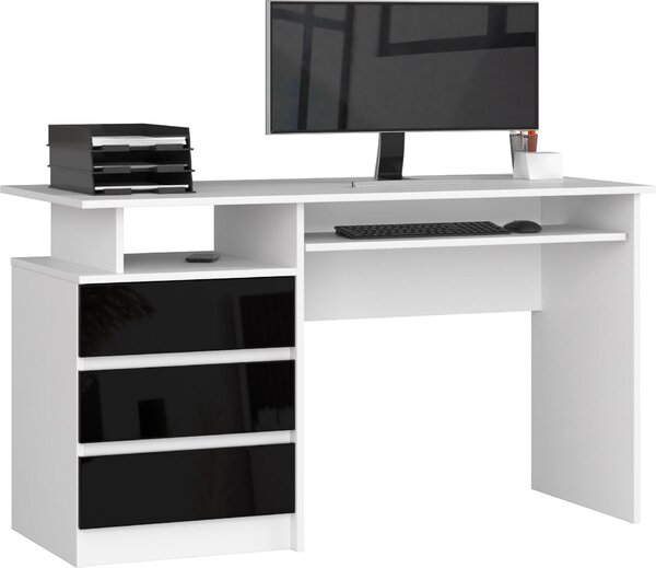 Scrivania Moderna 135 cm Bianca e Nera Lucida con Tre Cassetti e Ripiano Tastiera Estraibile