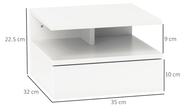 HOMCOM Comodino Sospeso per Camera da Letto con Cassetto e Mensola in Legno, 35x32x22.5cm, Bianco