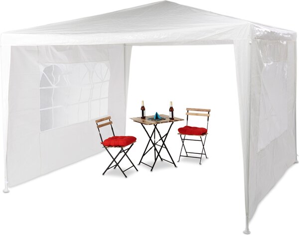 Relaxdays Gazebo 3x3 m, 2 pareti laterali, struttura in metallo, telo in PE, finestra, gazebo da festa, chiuso, bianco