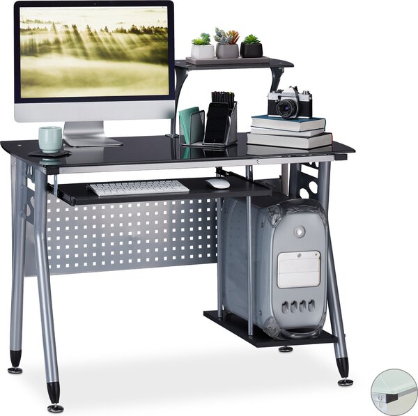Relaxdays: scrivania per computer in vetro, con ripiano estraibile per tastiera e vano per PC, L x P x A: 98 x 105 x 55 cm, stile moderno, per studio, nero