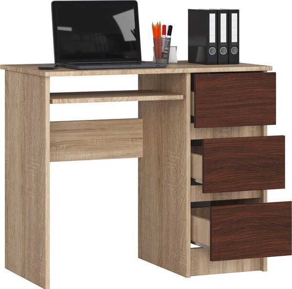 BDW, scrivania per computer con 3 cassetti, cassetto per tastiera, 90x77x50 cm, rovere Sonoma / Venga (a destra)