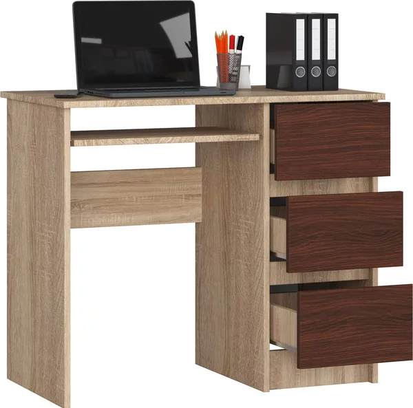 BDW, scrivania per computer con 3 cassetti, cassetto per tastiera, 90x77x50 cm, rovere Sonoma / Venga (a destra)