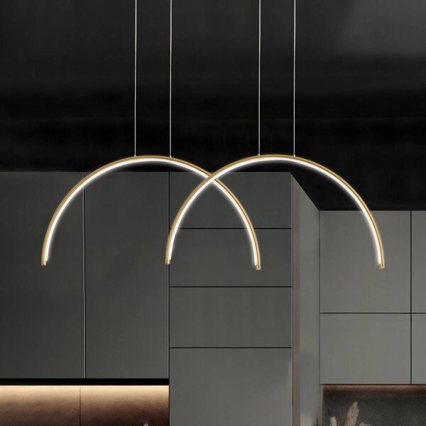 Viokef Lampada LED a sospensione Megan, lunghezza 95 cm, color oro, 2 luci. Megan, Ottone / Oro, Soggiorno / Sala da pranzo, Alluminio, Moderno
