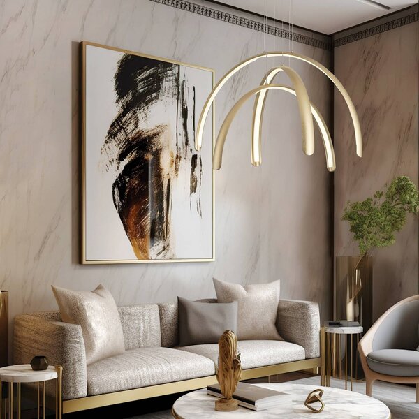Viokef Lampada LED a sospensione Megan, lunghezza 60 cm, color oro, 3 luci. Megan, Ottone / Oro, Soggiorno / Sala da pranzo, Alluminio, Moderno