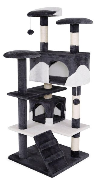 Tiragraffi per gatti lionto, albero tiragraffi e giochi da 130 cm con 2 grotte, scale, 3 aree di riposo e paletti in sisal, grigio/bianco