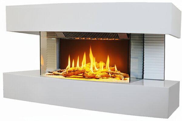 CHEMIN'ARTE - Caminetto elettrico da parete Lounge Medium Bianco 82 cm con effetto fiamme LED, riscaldamento programmabile, telecomando