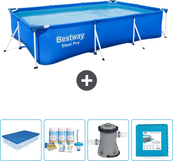 Piscina Bestway Steel Pro rettangolare - 300 x 201 x 66 cm - blu - include copertura - pacchetto manutenzione - pompa - pavimento in piastrelle