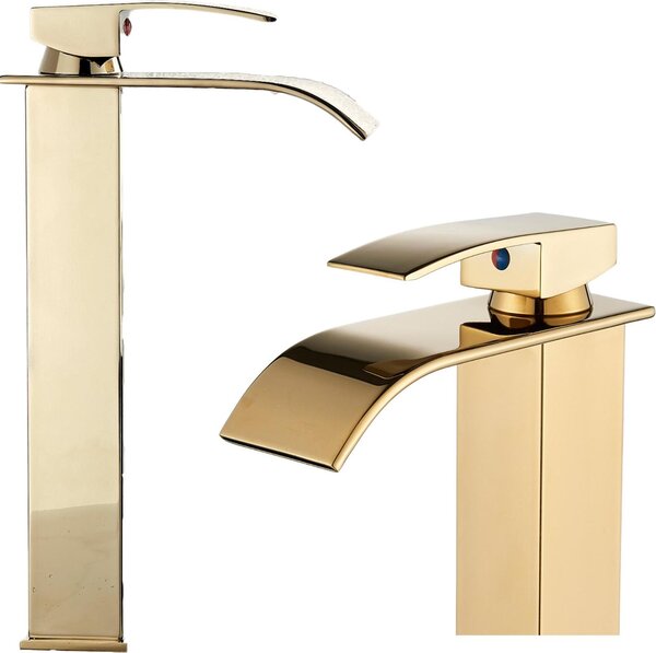Miscelatore lavabo da bagno Ari Waterfall, rubinetto da appoggio in ottone, bocca a cascata, cartuccia Vetroceramica, oro spazzolato