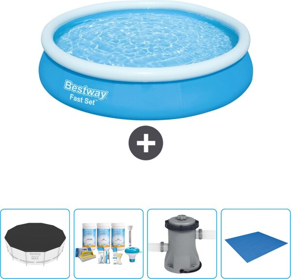 Piscina gonfiabile rotonda Bestway a presa rapida - 366 x 76 cm - blu - include copertura - pacchetto manutenzione - pompa - telo di fondo