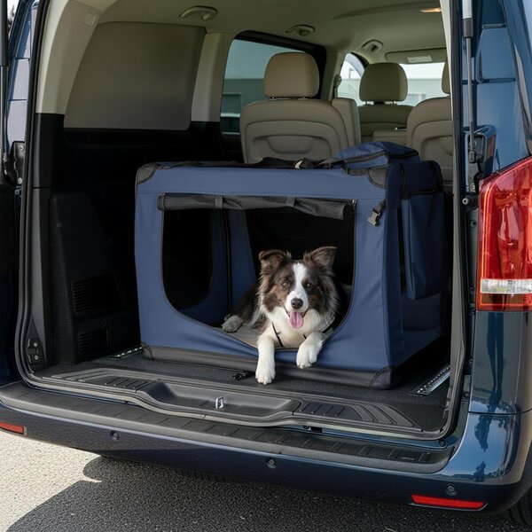 Trasportino per animali domestici belviona pieghevole, comodo e sicuro, Oxford + rete, riponibile in poco spazio, fino a 22 kg, 90x61x65 cm, blu navy