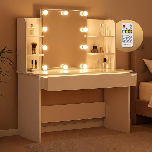 CASARIA® Tavolo da Trucco Lucia Specchio con LED Cassetto con Luce Ripiani Toeletta Trucchi Tavolino Make-Up e Profumi Postazione Trucco Vanity Desk