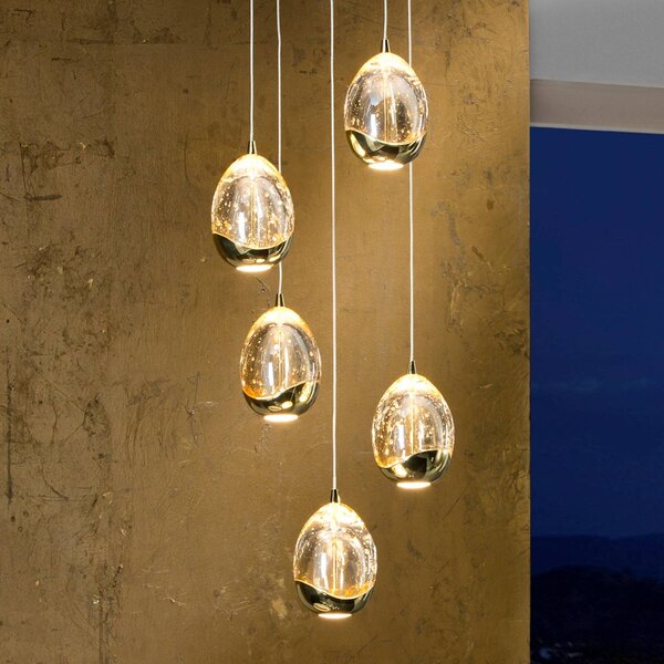 Schuller Valencia Lampada a sospensione LED Rocio, 5 luci, rotonda, metallo, vetro, oro dimmerabile, Chiaro / Trasparente, Soggiorno / Sala da pranzo, Metallo