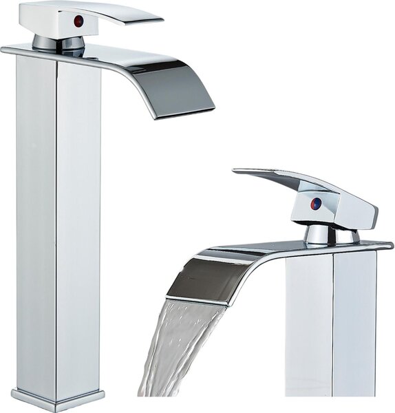 Rubinetto lavabo bagno Ari Waterfall monocomando in ottone, beccuccio a cascata, cartuccia in Vetroceramica, cromato argento