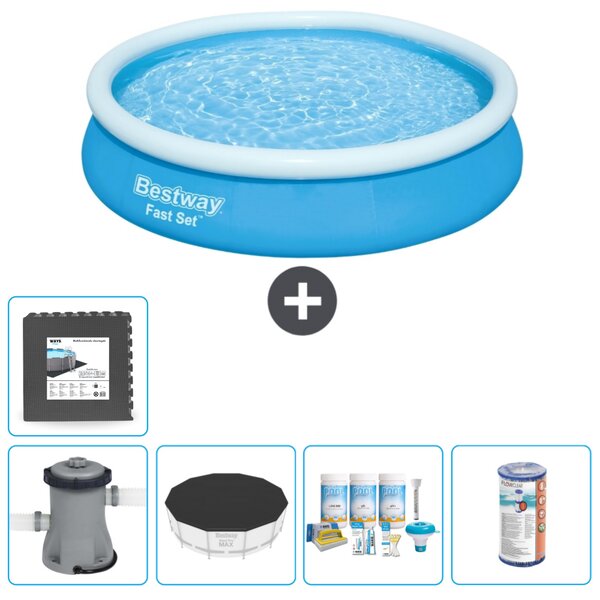 Bestway piscina gonfiabile rotonda ad ambientazione rapida - 366 x 76 cm - blu - inclusa copertura della pompa - pacchetto manutenzione - filtro - piastrelle per il pavimento