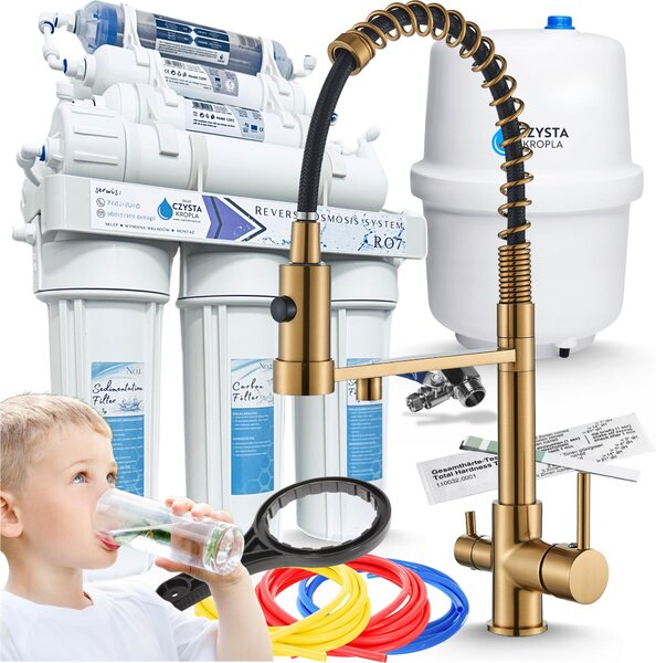Filtro per l'acqua RO7 Ari, miscelatore da cucina a 3 vie Solid Spring Gold