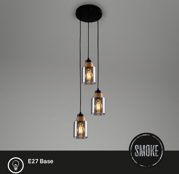 Lampada a sospensione, con legno, vetro fumé, 3xE27/max