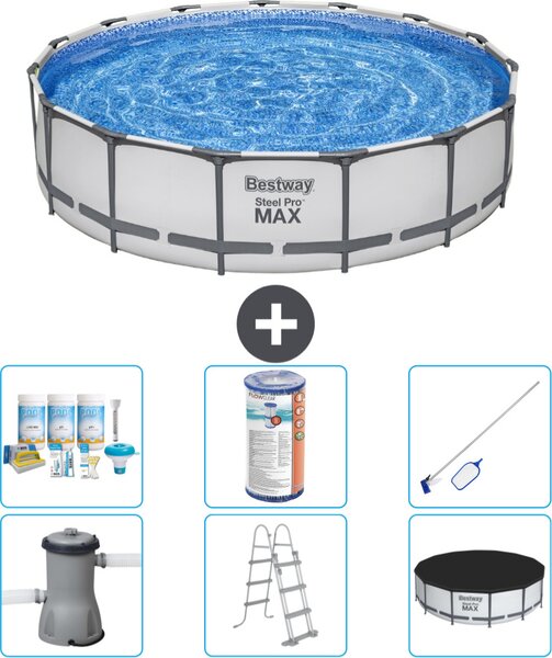 Piscina Bestway Round Steel Pro MAX - 457 x 107 cm - grigio - compresa pompa - scala - copertura pacchetto manutenzione - filtro - kit pulizia