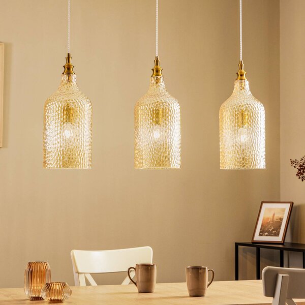 Lampada a sospensione in vetro Drakar Lindby, dimmerabile, Crema / Ambra, Soggiorno / Sala da pranzo, Vetro, Vintage, Lampada a sospensione