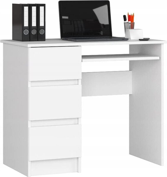 BDW, scrivania per computer con 3 cassetti, cassetto per tastiera, 90x77x50 cm, bianco (a sinistra)