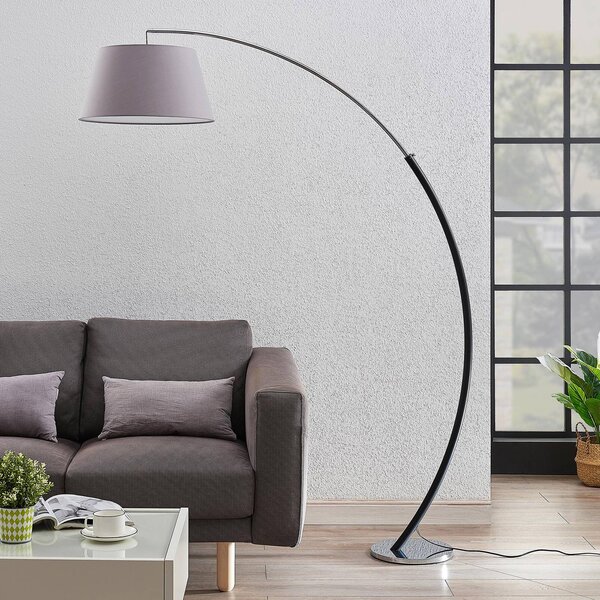 Lampada ad arco Evelyna Lucande, Alluminio / Grigio / Zincato, Camera da letto, Tessuto / Stoffa / Seta, Moderno, Lampada da terra