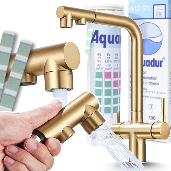 Rubinetto da cucina Ari Venom 2 con doccetta estraibile, collegamento filtro acqua, beccuccio girevole 360, oro spazzolato