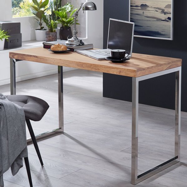 FineBuy Scrivania in legno massello di acacia, scrivania per computer 120 x 60 cm, tavolino per laptop, tavolino in stile rustico con gambe in metallo, sheesham // acacia