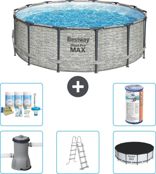 Piscina Bestway Round Steel Pro MAX - stampa su pietra - 427 x 122 cm - inclusa pompa - scala - copertura pacchetto manutenzione - filtro