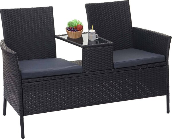 Panchina in polyrattan con tavolino MCW-E24, set da giardino con divanetto, 132 cm ~ nero, cuscini grigio scuro