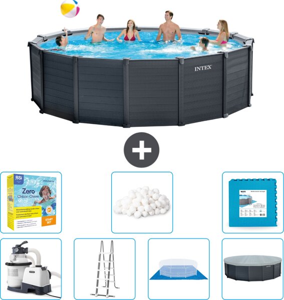 Piscina rotonda Intex con pannello grigio grafite - 478 x 124 cm - inclusa pompa - scaletta - telo di fondo - pacchetto di manutenzione della copertura - sfere filtranti - piastrelle per il pavimento
